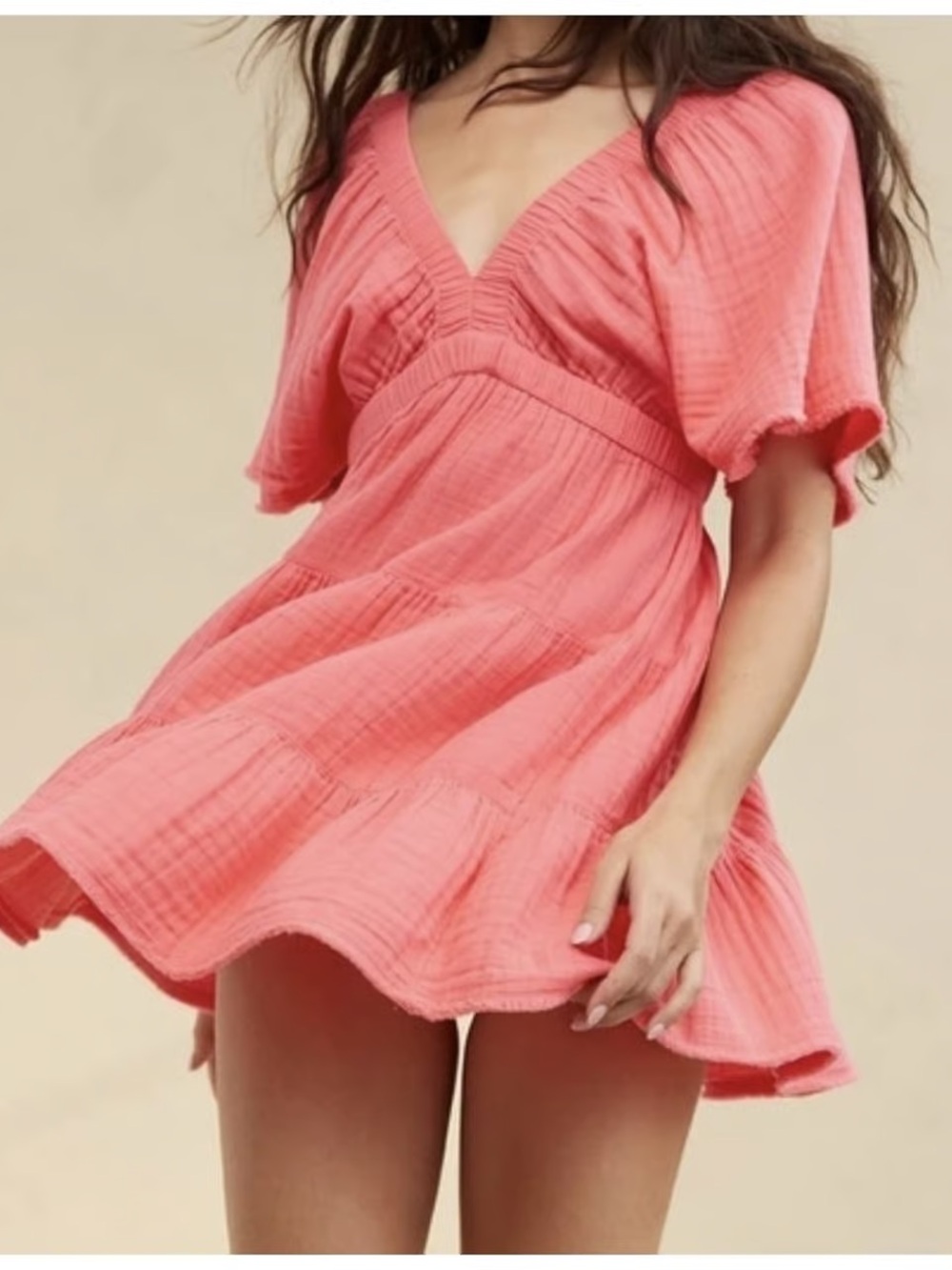 Aerie V-Neck Coral Tiered Dress